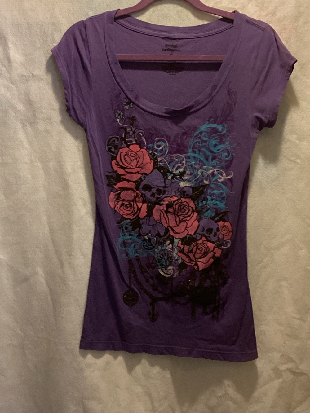 Disney Purple Scoop Neck Tee with Pink Rose & Teal Skull Graphic